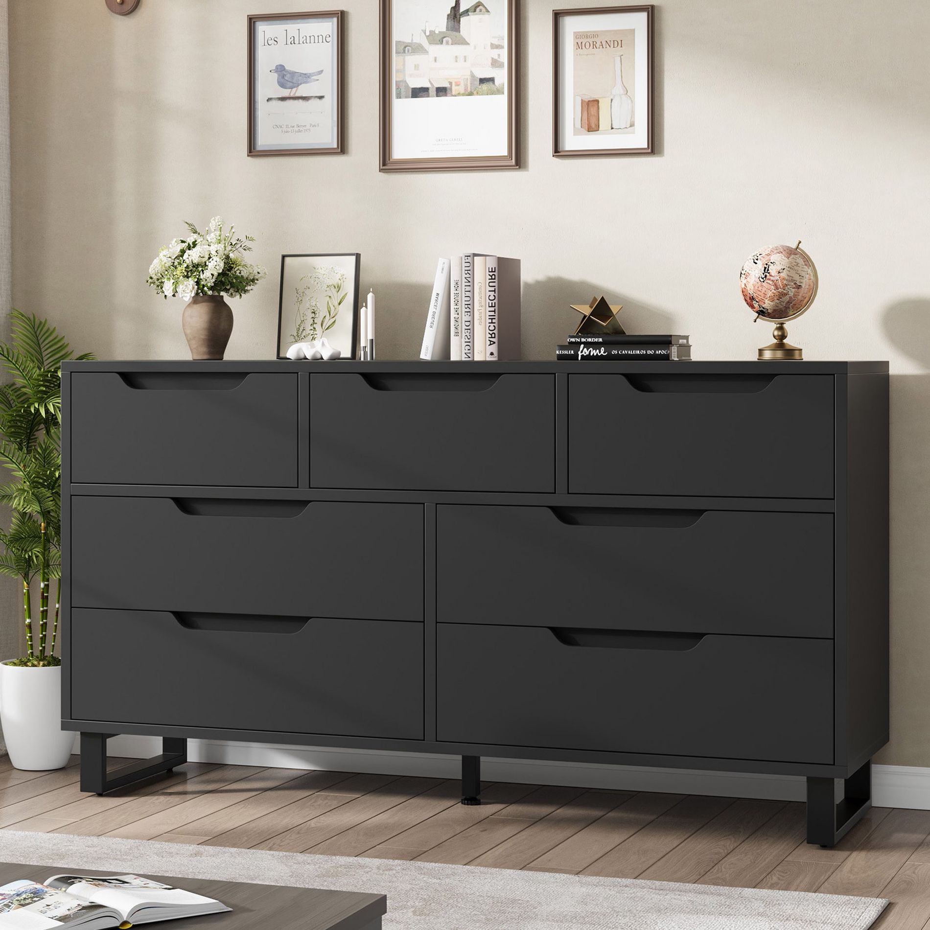 Garvee 7 Dresser for Bedroom, Freestanding 55" Wide Horizontal Drawer Dresser with Storage, Wooden Closet Chest Storage for Bedroom