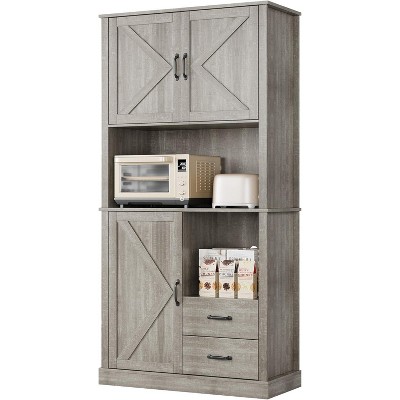 Modern Kitchen Pantry Cabinet with Microwave Stand, Tall Kitchen Hutch with Drawers & Adjustable Shelves