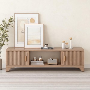 SUGIFT Mid Century Modern TV Stand for 55–65 Inch TVs – Boho Media Console with Fluted Doors, Storage Cabinets & Open Shelf - 1 of 4