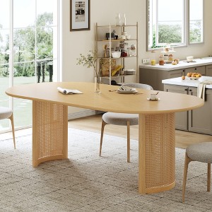 PexFix 79" Oval Dining Table for 6-8 with Arc-Shaped Edge Top and Rattan Woven Base Modern Farmhouse Kitchen Table for Living Room Dining Room Natural - 1 of 4
