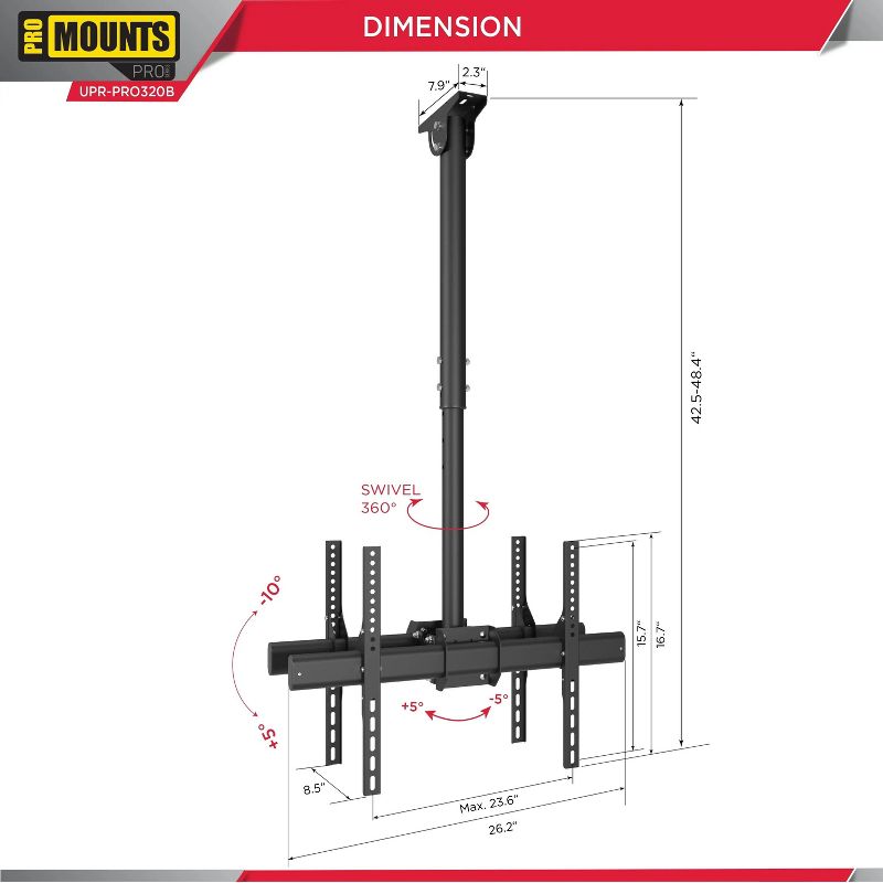 Promounts Dual Ceiling TV Mount for TVs 32" - 85" Up to 88 lbs each, 2 of 8