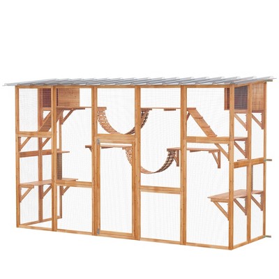 Large Wooden Outdoor Cat Enclosure with Shelves and Bridges