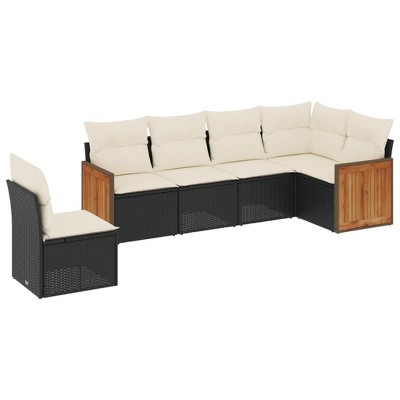 vidaXL 6 Piece Patio Sofa Set with Cushions Black and Cream Poly Rattan - Without Table