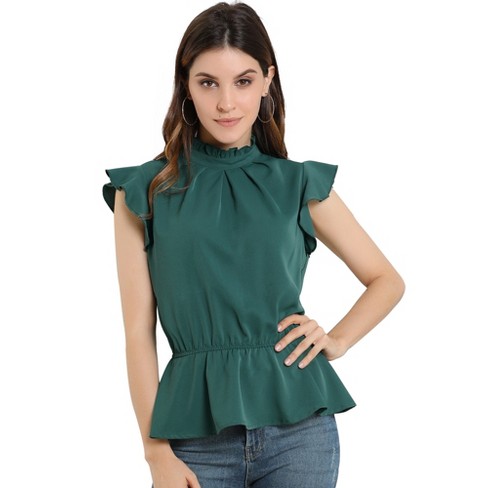 Blue Allegra K Women's Peplum Ruffle Sleeve Bow Tie Decor