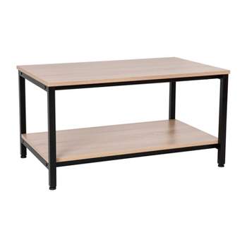 Emma and Oliver Minimalist Industrial Driftwood Finished Engineered Wood Coffee Table with Black Steel Tube Frame and Lower Storage Shelf