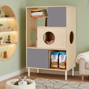 Lomsoe 2 IN 1 Modern Cat Tree & Side Cabinet with Storage, Small Wood Bookcase with Litter Box Enclosure, Cat Climbing Cabinet with Hidden Storage - 1 of 4