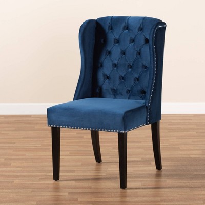 Lamont Navy Blue Velvet and Dark Brown Wood Wingback Dining Chair
