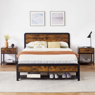 Garvee Full/Queen Bed Frame w/ Ottoman Storage & Headboard, Safe Corners, Metal Slats, No Box Spring, Brown Platform Bed