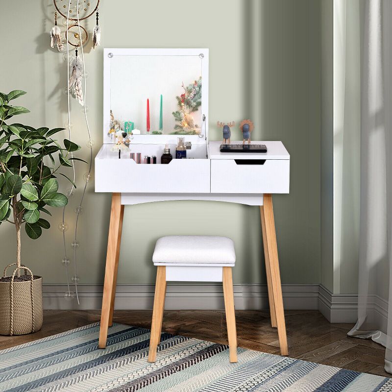 Costway Vanity Makeup Table Cushioned Stool Set W/Flip Top Mirror &1 Drawer Writing Desk, 4 of 12
