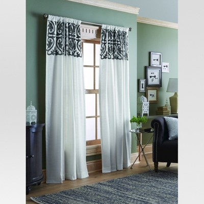 'Naturals Scroll Embroidery Curtain Panel Sour Cream/Radiant Gray (54''X84'') - Threshold , Size: 54x84'', Sour Ivory/Radiant Gray'