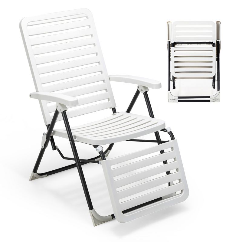 Costway Patio PP Chaise Lounge Folding Reclining Chair 7-Level Backrest Footrest White, 1 of 10