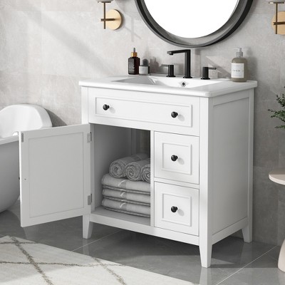 TIRAMISUBEST 30" Bathroom Vanity with Ceramic Sink Top, Freestanding Bathroom Vanity Cabinet with1 Door and 2 Storage Drawers, Solid Wood Frame