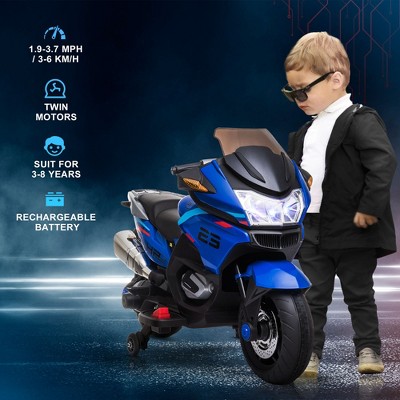 Blue 12V Kids Motorcycle with Training Wheels and Lights