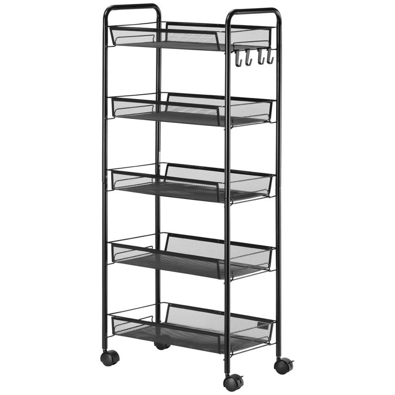HOMCOM 5 Tier Utility Rolling Cart, Metal Storage Cart, Kitchen Cart with Removable Mesh Baskets, for Living Room, Laundry, Garage and Bathroom, Black, 4 of 7