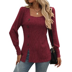 Womens 2025 Dressy Sweaters Tops Casual Fall Square Neck Button Down Side Split Tunics - 1 of 4