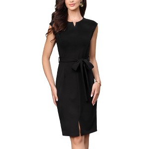 INSPIRE CHIC Women's Sleeveless Split Neck Belted Front Slit Belted Office Sheath Midi Dresses - 1 of 4