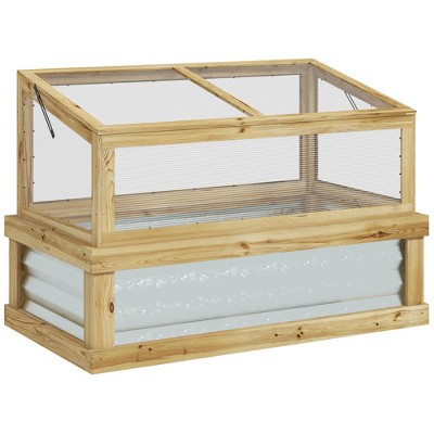 Outsunny Raised Garden Bed with Polycarbonate Greenhouse, Lean to Wooden Cold Frame Greenhouse, Flower Planter Protection, 41"x22.5"x28.25"