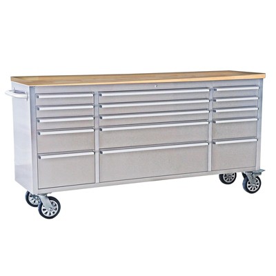 72" Rolling Tool Chest with 15 Drawers - Heavy-Duty Steel & Rubber Wood Workbench on Wheels, Drawer Liners for Warehouse Repair Shop