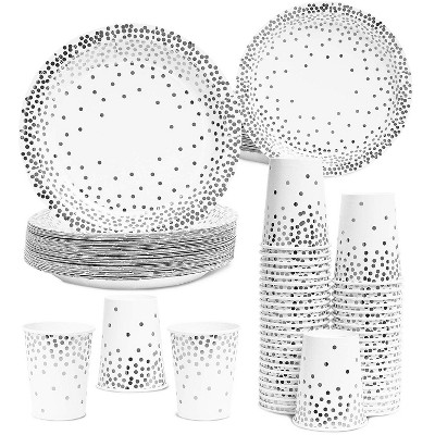 Juvale 150 Count Disposable Paper Party Plates and Cups Set for 50 Guests, Silver Foil Dots