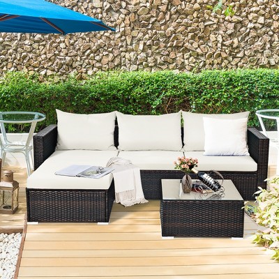 Costway 5PCS Patio Rattan Furniture Set Sectional Conversation Sofa w/ Table Off White