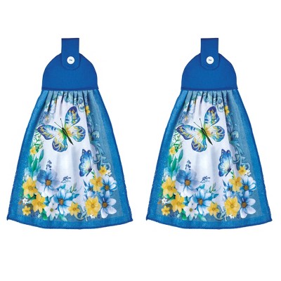 Collections Etc Blue Butterfly and Floral Hanging Kitchen Towels - Set of 2 Blue