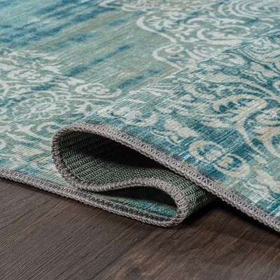 Teal and Cream Medallion Washable Synthetic Area Rug