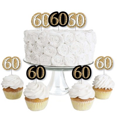 Big Dot of Happiness Adult 60th Birthday - Gold - Dessert Cupcake Toppers - Birthday Party Clear Treat Picks - Set of 24