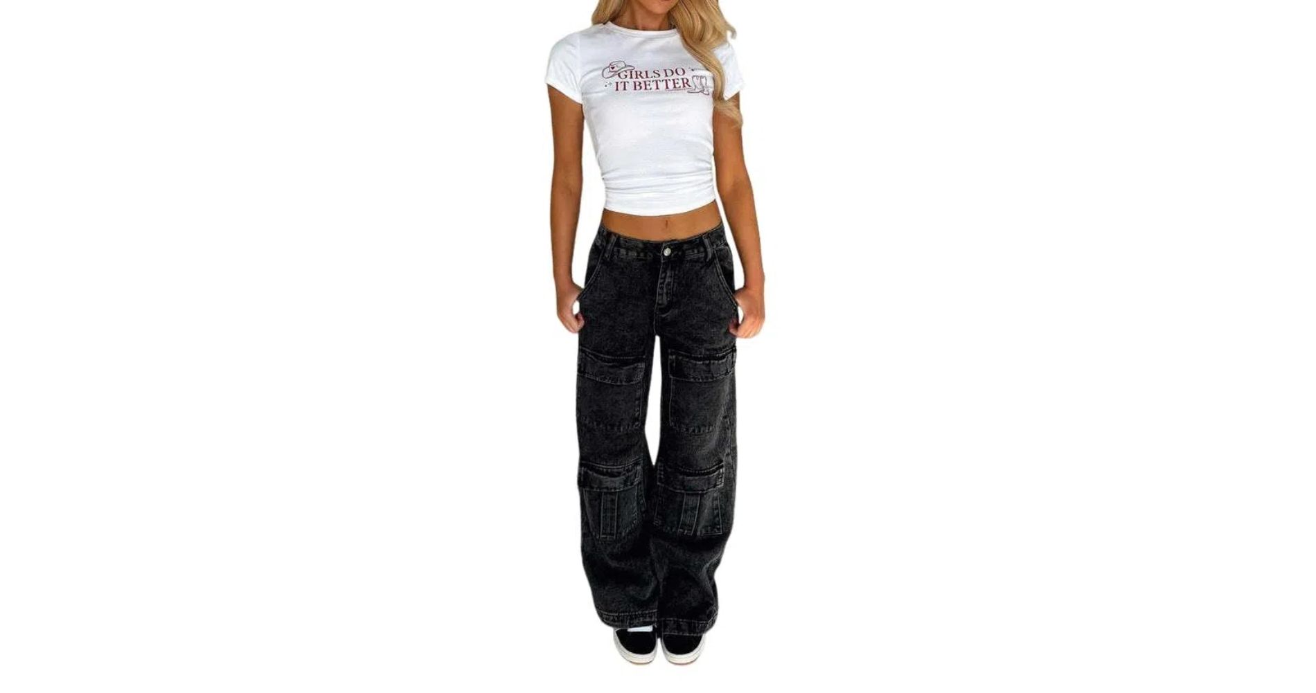 Clearlove Women's Low Waist Cargo Pants Baggy Jeans Wide Leg Casual Trendy Streetwear Grunge Emo Clothes