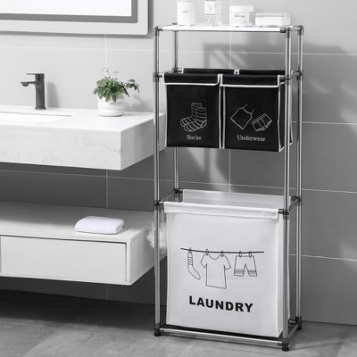Laundry Basket, Laundry Hampers With Wide Shelves, Metal Hooks, 3 Pull-Out Oxford Bags, Storage Rack Laundry Sorter For Bathroom, Bedroom, Laundry