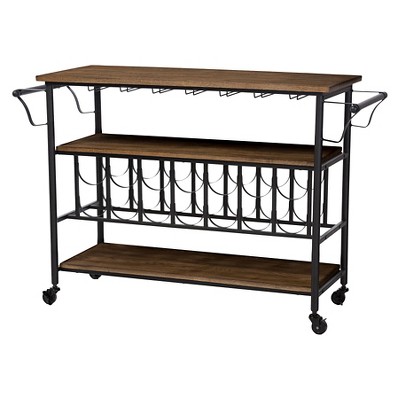 Baxton Studio Bradford Rustic Industrial Style Antique Black Textured Finish Metal Distressed Wood Mobile Kitchen Bar Serving Wine Cart