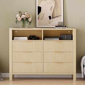 Fluted 6 Drawer Dresser for Bedroom,47.2" Wide Wooden Chest of Drawers with 2 Open Shelves,Fluted Dresser with Ample Storage,Storage Organizer - 1 of 4