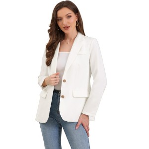 Allegra K Women Notched Lapel Single Breasted Long Sleeve Flap Pocket Straight Lined Business Casual Suit Jacket Blazer - 1 of 4
