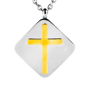 West Coast Jewelry Women's Polished Gold Cross Domed Diamond-Shape Two-Tone Steel Necklace - 16" - 1 of 3