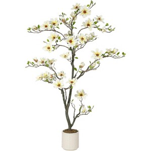 Faux Southern Magnolia Plant Yellow Flowered Magnolia, Artificial Magnolia Tree Inc. Realist Touch Flowers Vivid Leaves White Pot Dry Moss - 1 of 4