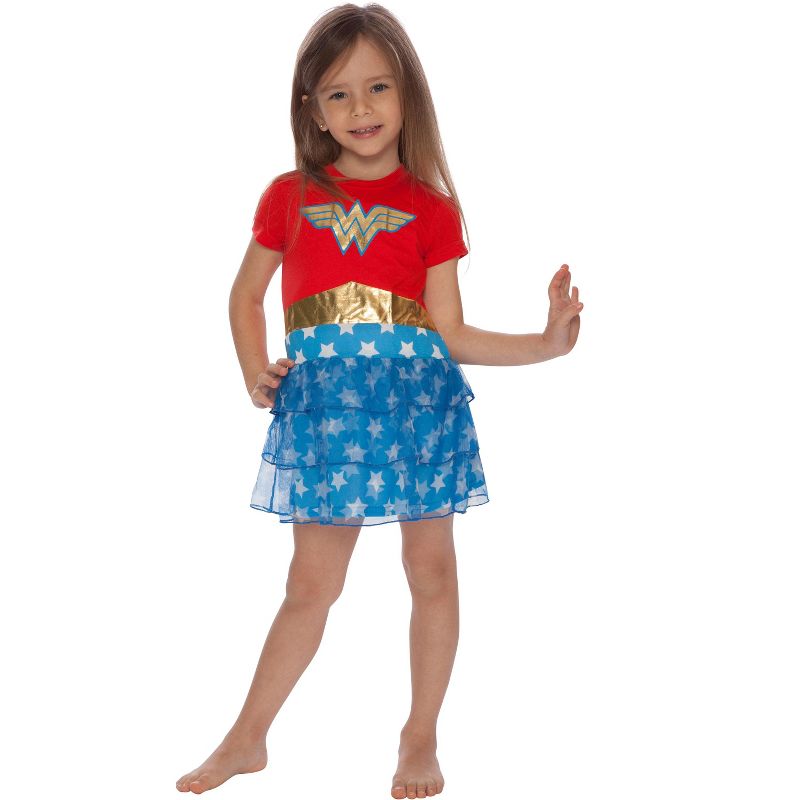 DC Comics Girls Wonder Woman Gold Foil Logo 3 Tiered Costume Pajama Nightgown Multicolored, 2 of 5