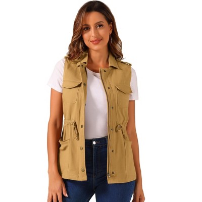 Allegra K Women's Solid Zip Up Sleeveless Utility Anorak Outwear Cargo Vest