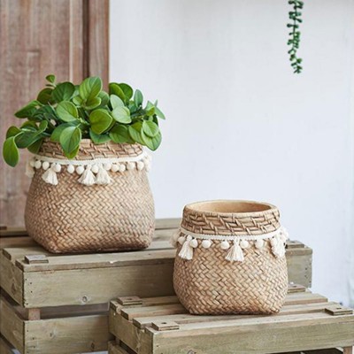VisioGear 2PCS Rectangular Basket Planters with Woven Tassel Accent, Modern Planter for Patio, Garden, Brown,6.5"*6.5"*6"