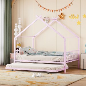 Full/Twin Size House-Shaped Metal Platform Bed Frame with Twin Size Trundle Bed/ Drawers 4S -ModernLuxe - 1 of 4