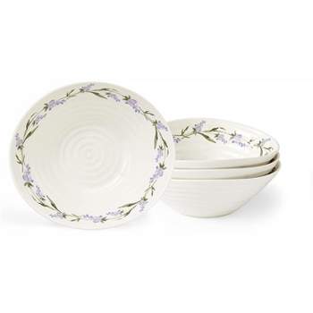 Portmeirion Sophie Conran Lavandula 7.5-inch Porcelain Cereal Bowls, Set Of 4, Lavender Sprig Border Design, Microwave And Dishwasher Safe