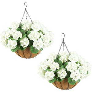 Artificial Hanging Geraniums Flowers 2-Pack, UV Resistant Outdoor Hanging Plants with Brown Baskets,Fake Flowers for Porch Patio Garden Decor - 1 of 4