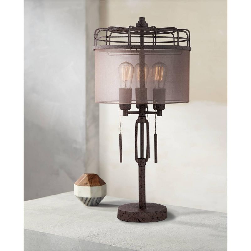 Franklin Iron Works Lock Arbor Industrial Table Lamp 28 3/4" Tall Bronze Metal Cage Vintage Edison Bulbs Sheer Drum Shade for Living Room Bedroom Home, 2 of 10