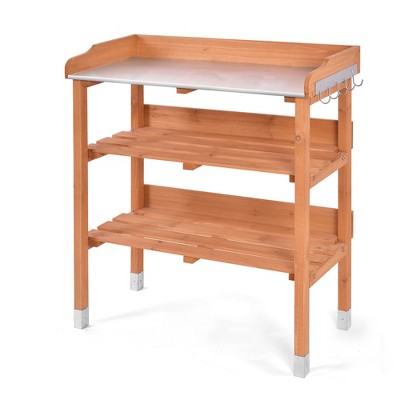 Costway Garden Wooden Potting Bench Work Station Table Tool Storage Shelf W/Hook