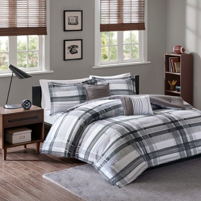Full Gray Microfiber Reversible Plaid Comforter Set