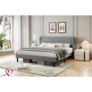 Full/King/Queen Size Bed Frame Luxurious Velvet Upholstery Platform Bed w/Wingback Headboard, Wooden Slat Support No Box Spring Need - 1 of 4