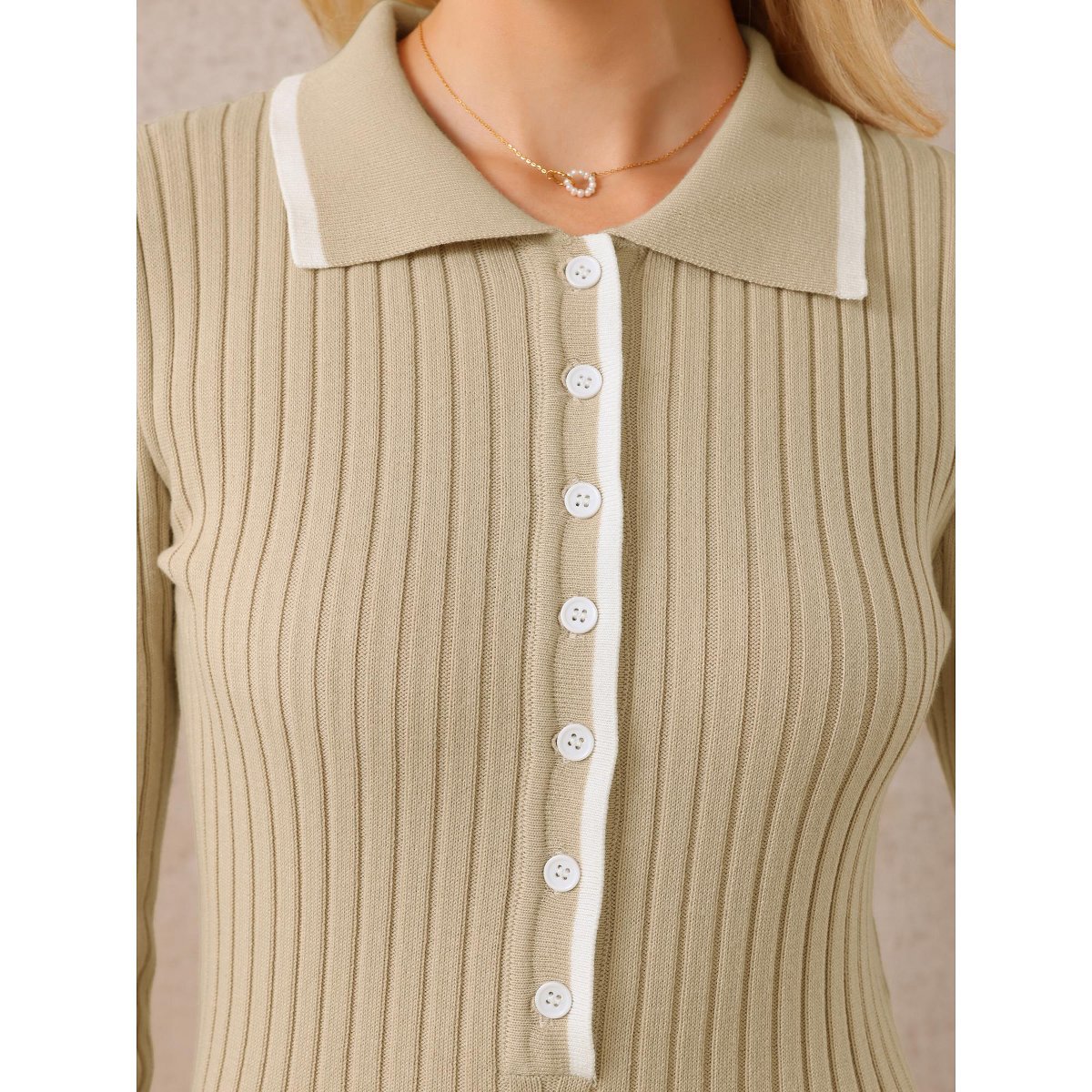Женские платья INSPIRE CHIC Women's Midi Knitted Ribbed Ruffled A-Line Sweater Polo Dresses Dark Beige Small — фото 4