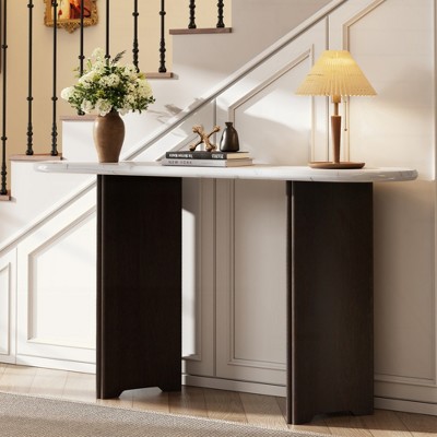 KIGFTSOD Narrow Console Table - Oval Faux Marble Top, Rustic Style with Curved Legs, Hallway & Entryway Accent Table for Living Room