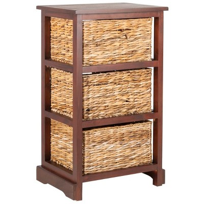 Transitional Brown Pine Wood Side Table with 3 Rattan Drawers