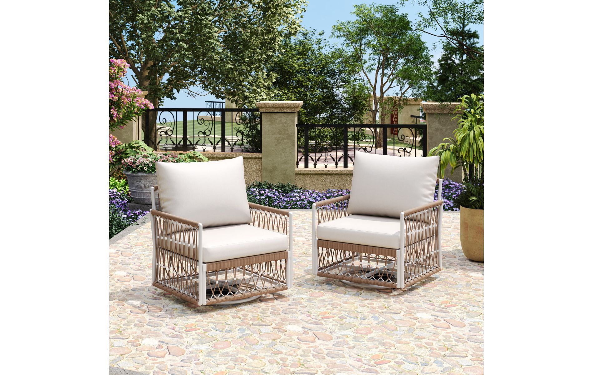 Boho Outdoor Swivel Lounge Chair Set of 2, Woven Rope Patio Armchair with Beige Cushions, Weather-Resistant for Garden Balcony-3irtyhousy