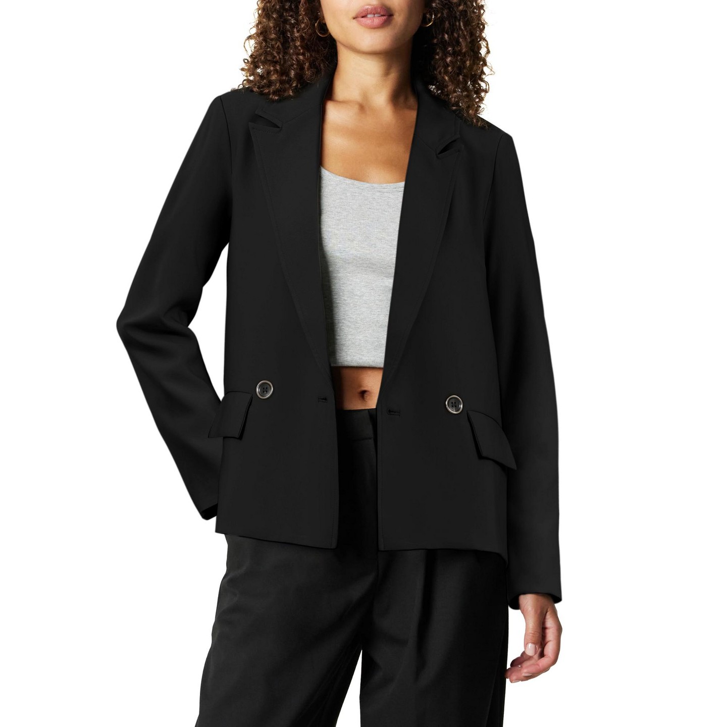 Женский пиджак INSPIRE CHIC Double Breasted Notched Lapel Long Sleeve Work Office Suit Jacket Blazer Medium Black, цвет: Чёрный — фото 1
