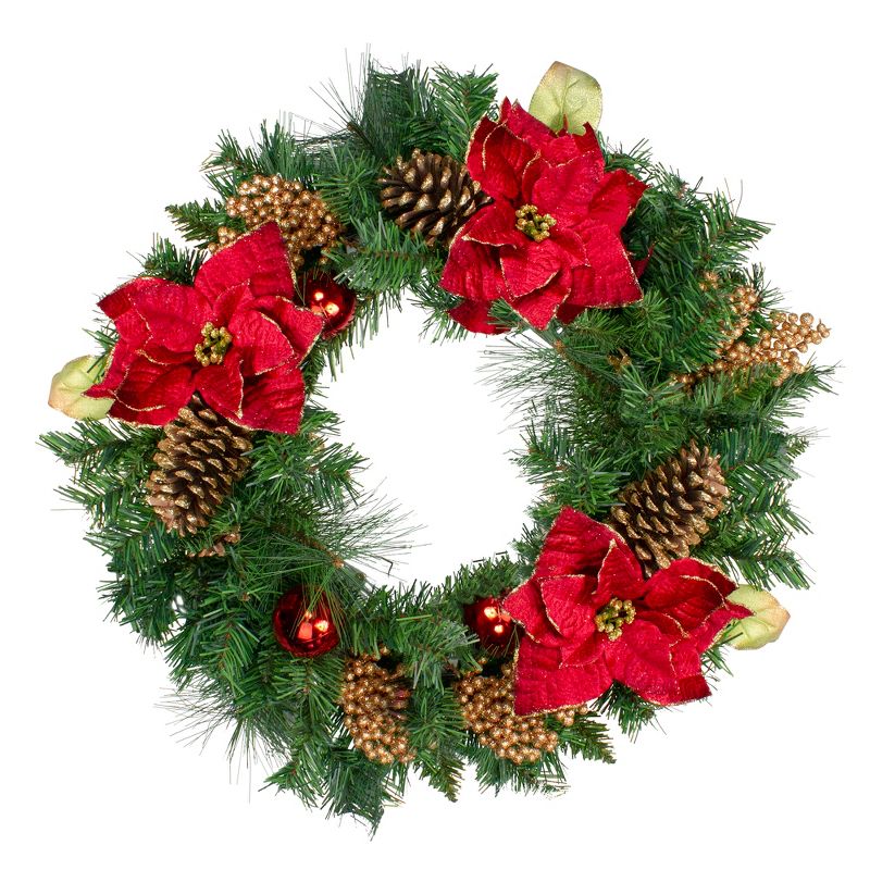 Northlight Green Pine and Poinsettias Artificial Christmas Wreath - 24-Inch, Unlit, 1 of 5